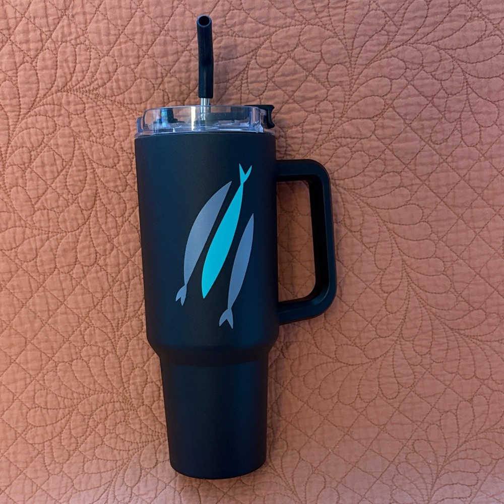 The Ghosen Black Tumbler Christian Fish Design with Handle and Straw 40 oz